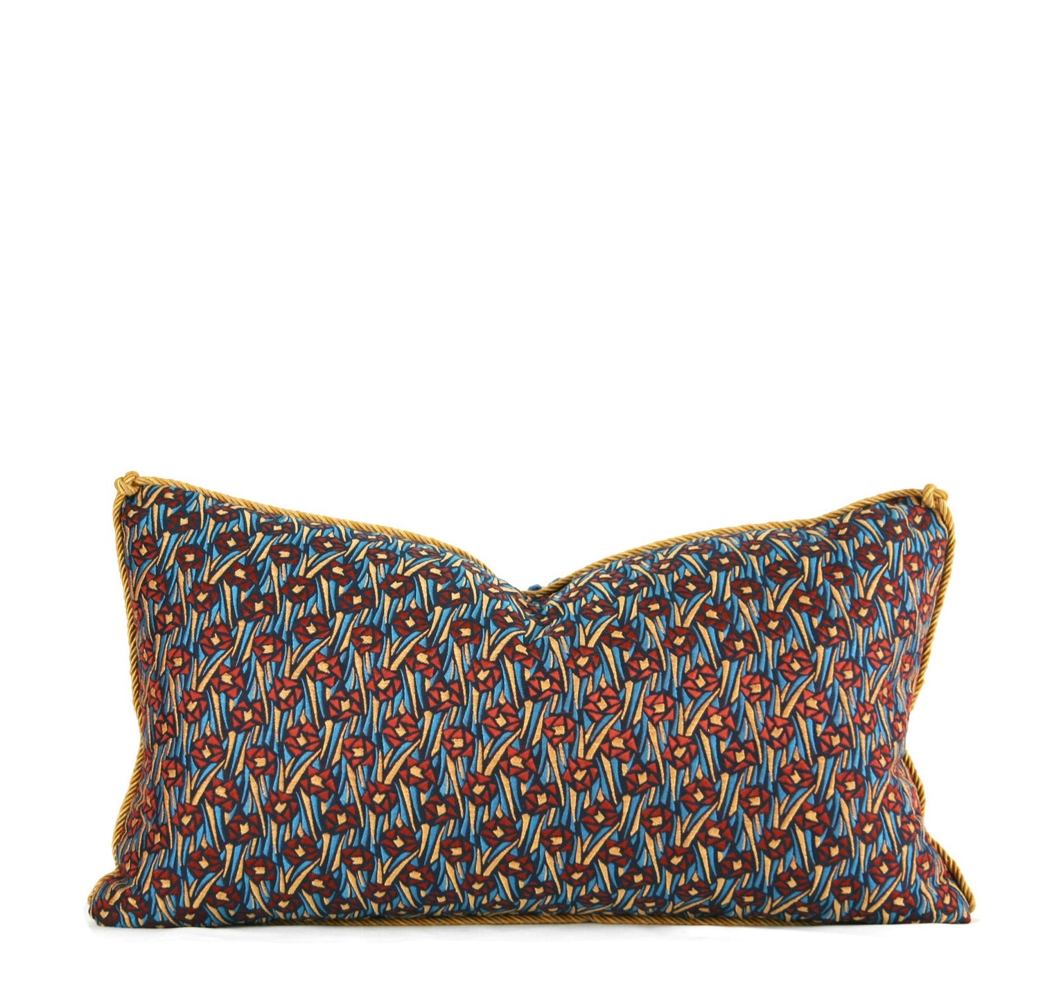 Hand-sewn blue and red woven tapestry throw pillow with gold cord welt and blue velvet stripe reverse Charlotte NC studio