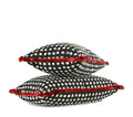 Hand-sewn black and ivory polka dotted lumbar pillow with red silk fringe trim detail Charlotte NC