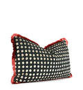 Hand-sewn black and ivory polka dotted lumbar pillow with red silk fringe trim detail side view Charlotte NC