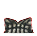 Hand-sewn black and ivory polka dotted lumbar pillow with red silk fringe trim detail Charlotte NC