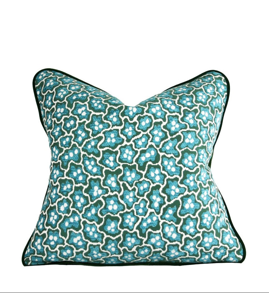 Teal and green mosaic floral hand-sewn decorative throw pillow with deep green contrast welt and tailored edges with velvet welt detail luxury home throw pillow Charlotte NC studio