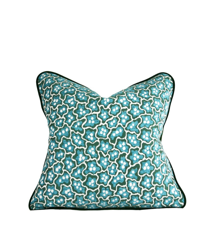 Teal and green mosaic floral hand-sewn decorative throw pillow with deep green contrast welt and tailored edges with velvet welt detail luxury home throw pillow Charlotte NC studio