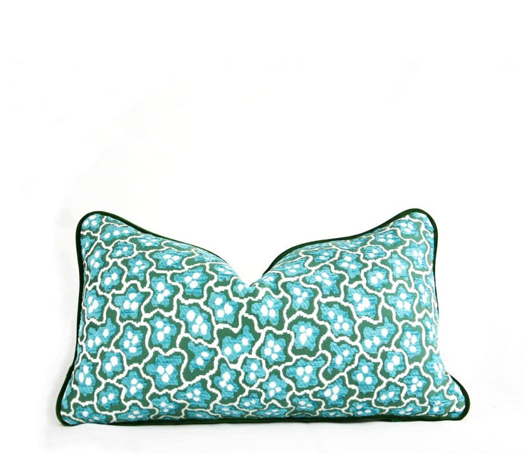 Teal and green mosaic floral throw pillow with deep green contrast welt and tailored edges hand-sewn in Charlotte , NC