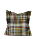 Blue geometric decorative pillow paired with green plaid throw pillow, hand-sewn by Liz Saintsing in Charlotte North Carolina