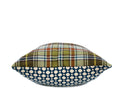 Blue geometric decorative pillow paired with green plaid throw pillow side angle, hand-sewn by Liz Saintsing in Charlotte North Carolina