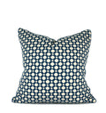 Blue geometric decorative pillow paired with green plaid throw pillow, hand-sewn by Liz Saintsing in Charlotte North Carolina