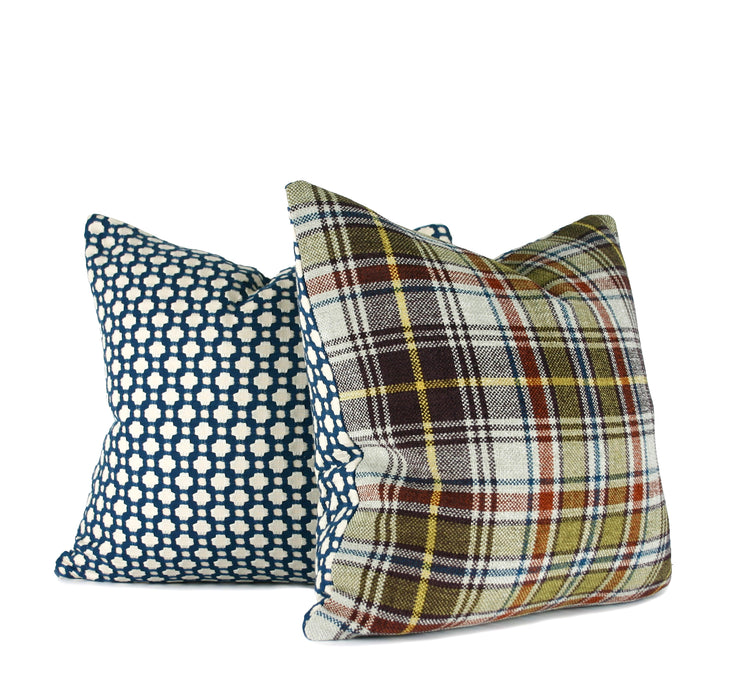 Blue geometric decorative pillow paired with green plaid throw pillow, hand-sewn by Liz Saintsing in Charlotte North Carolina