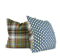 Blue geometric decorative pillow paired with green plaid throw pillow, hand-sewn by Liz Saintsing in Charlotte North Carolina