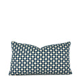 Blue geometric lumbar pillow paired with green plaid throw pillow, hand-sewn by Liz Saintsing in Charlotte North Carolina