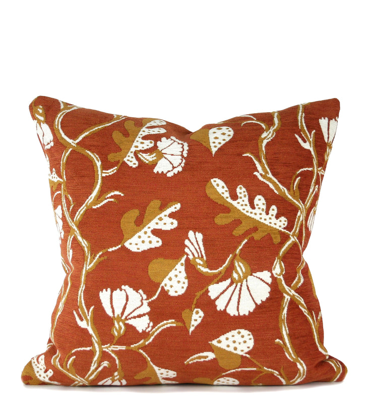 Hand-sewn rust floral throw pillow with ivory and gold detailing by Liz Saintsing in Charlotte North Carolina