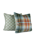 Hand-sewn green and rust plaid throw pillow with sage houndstooth reverse by Liz Saintsing in Charlotte North Carolina
