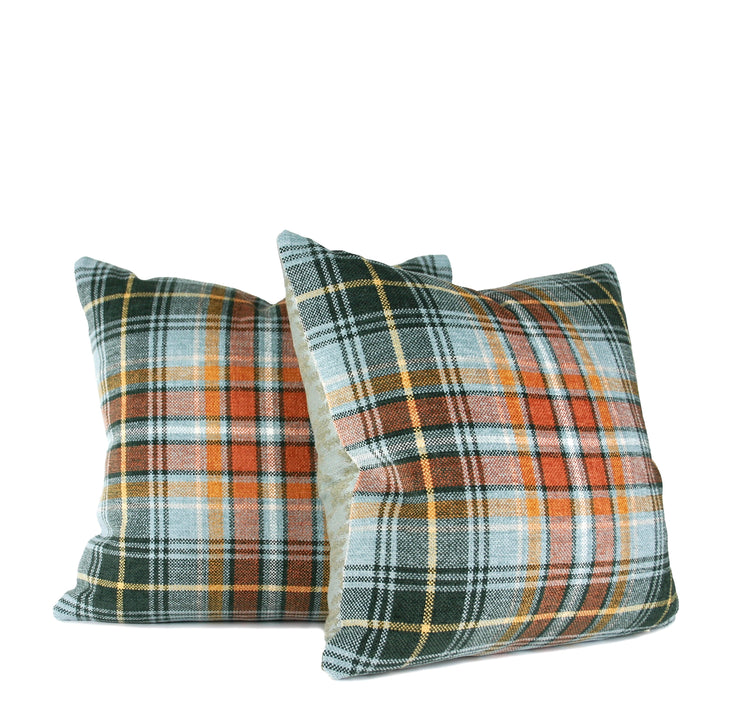 Hand-sewn green and rust plaid throw pillow with sage houndstooth reverse by Liz Saintsing in Charlotte North Carolina