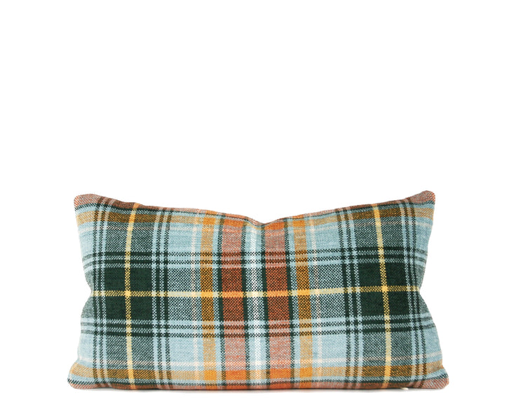 Hand-sewn green and rust plaid throw pillow with sage houndstooth reverse by Liz Saintsing in Charlotte North Carolina