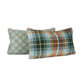 Hand-sewn green and rust plaid throw pillow with sage houndstooth reverse by Liz Saintsing in Charlotte North Carolina