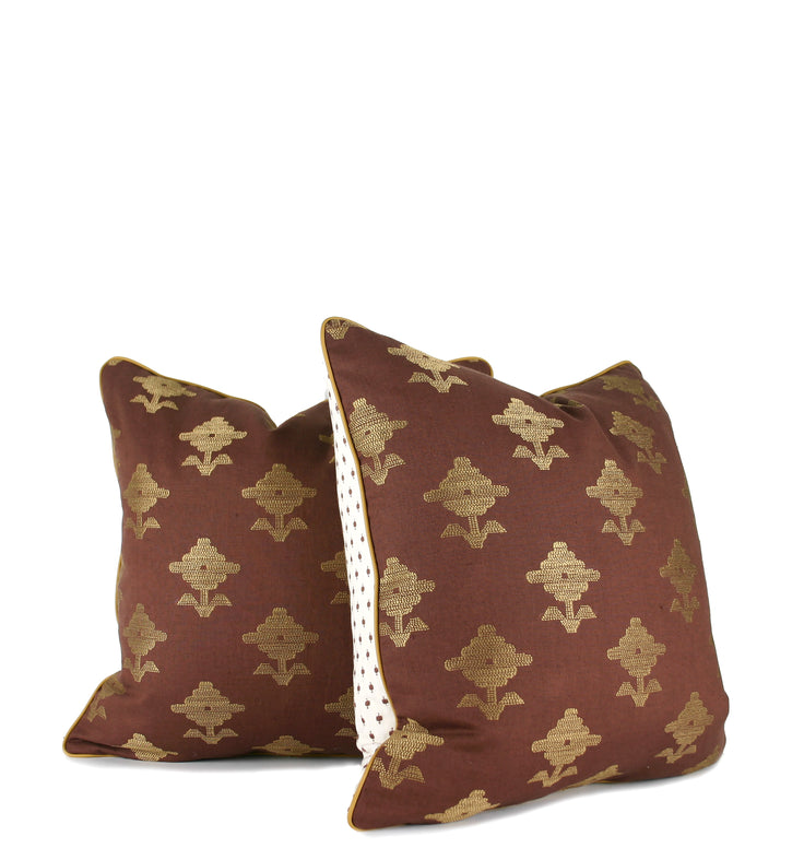 Hand-sewn brown floral embroidered decorative throw pillow with ivory dot reverse by Liz Saintsing in Charlotte North Carolina
