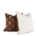 Hand-sewn brown floral embroidered decorative throw pillow with ivory dot reverse by Liz Saintsing in Charlotte North Carolina