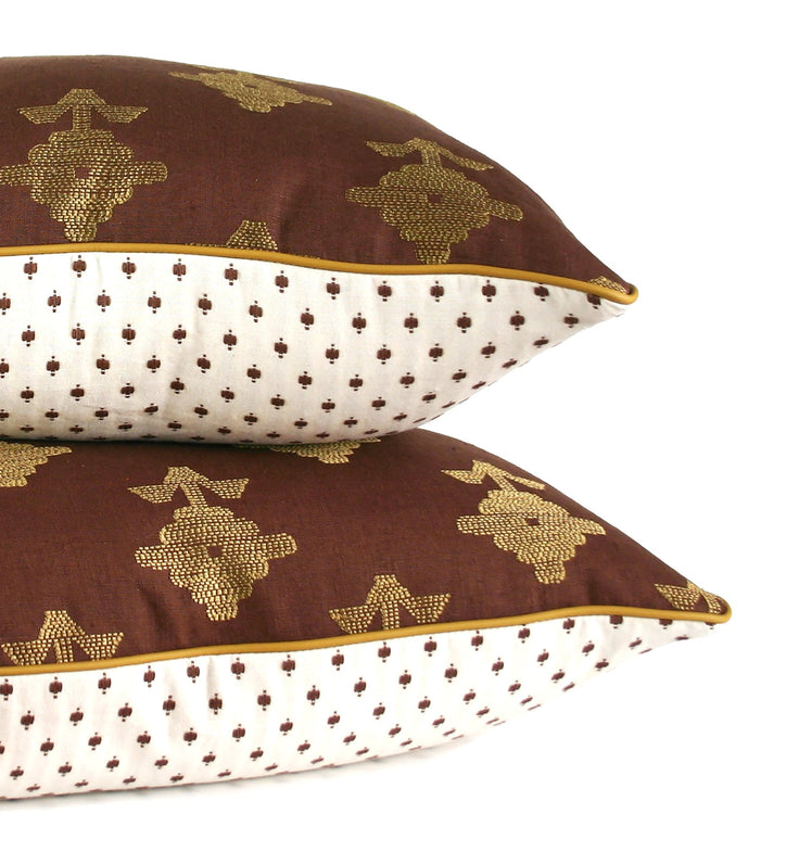 Brown Embroidered Floral Decorative Lumbar Pillow with Ivory Dot Reverse