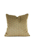 Green and plum geometric decorative throw pillow with ivory floral reverse, shown front and back, hand-sewn in Charlotte, North Carolina
