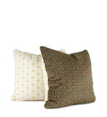 Green and plum geometric decorative throw pillow with ivory floral reverse, shown front and back, hand-sewn in Charlotte, North Carolina