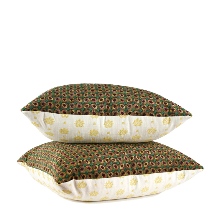 Green and plum geometric decorative throw pillow with ivory floral reverse, shown front and back, hand-sewn in Charlotte, North Carolina