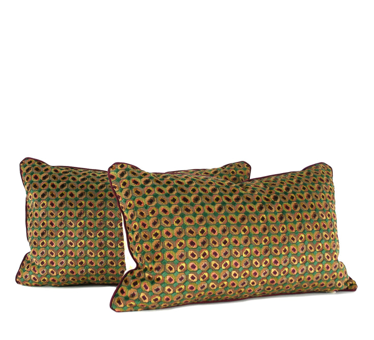 Green and plum velvet geometric decorative lumbar pillow with ivory floral reverse, shown front and back, hand-sewn in Charlotte, North Carolina