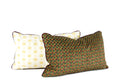 Green and plum geometric decorative throw pillow with ivory floral reverse, shown front and back, hand-sewn in Charlotte, North Carolina