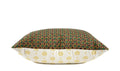 Green and plum geometric decorative throw pillow with ivory floral reverse, shown front and back, hand-sewn in Charlotte, North Carolina