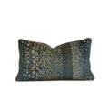 Navy-teal velvet lumbar pillow with gold embroidered animal motif and contrast welt, shown with coordinating neutral patterned pillow. Handmade in Charlotte NC, Liz Saintsing