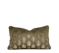 Navy-teal velvet lumbar pillow with gold embroidered animal motif and contrast welt, shown with coordinating neutral patterned pillow. Handmade in Charlotte NC, Liz Saintsing
