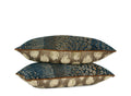 Navy-teal velvet lumbar pillow with gold embroidered animal motif and contrast welt, shown with coordinating neutral patterned pillow. Handmade in Charlotte NC, Liz Saintsing