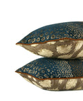 Navy-Teal Velvet Decorative Lumbar Pillow with Gold Embroidery & Contrast Welt