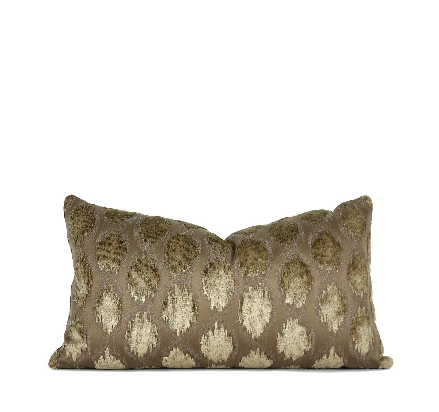 taupe velvet pillow, ikat lumbar pillow, gold motif pillow, neutral decorative pillow, designer throw pillow, luxury decorative pillow, handmade pillow Charlotte NC, small batch pillows, high-end accent pillow, neutral lumbar pillow