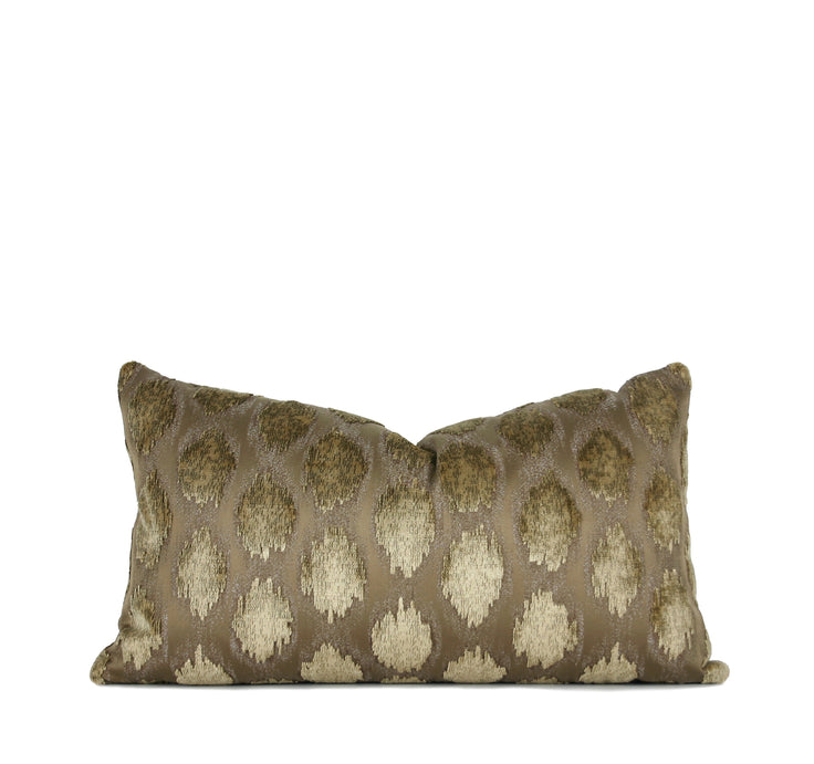 taupe velvet pillow, ikat lumbar pillow, gold motif pillow, neutral decorative pillow, designer throw pillow, luxury decorative pillow, handmade pillow Charlotte NC, small batch pillows, high-end accent pillow, neutral lumbar pillow