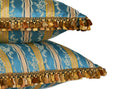 One-of-a-kind decorative pillow made from a 1950s French striped floral textile with layered tassel fringe hand-sewn by Liz Saintsing in Charlotte North Carolina