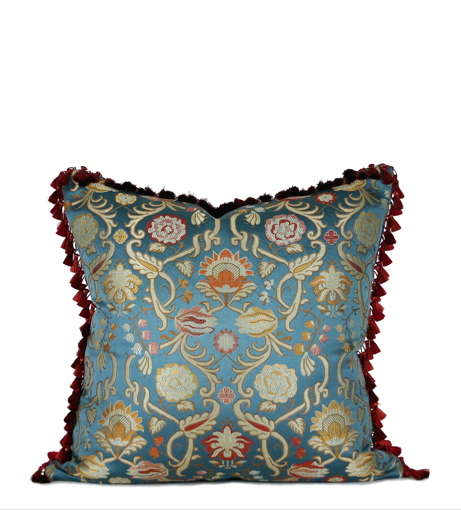 One-of-a-kind decorative pillow made from a vintage French jacquard textile with scarlet tassel fringe and sky-blue floral pattern hand-sewn by Liz Saintsing in Charlotte North Carolina