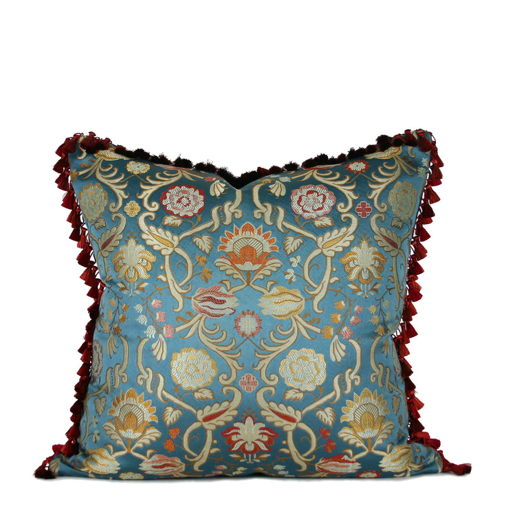One-of-a-kind decorative pillow made from a vintage French jacquard textile with scarlet tassel fringe and sky-blue floral pattern hand-sewn by Liz Saintsing in Charlotte North Carolina