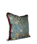 One-of-a-kind decorative pillow made from a vintage French jacquard textile with scarlet tassel fringe and sky-blue floral pattern hand-sewn by Liz Saintsing in Charlotte North Carolina