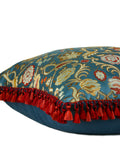 One-of-a-kind decorative pillow made from a vintage French jacquard textile with scarlet tassel fringe and sky-blue floral pattern hand-sewn by Liz Saintsing in Charlotte North Carolina