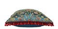 One-of-a-kind decorative pillow made from a vintage French jacquard textile with scarlet tassel fringe and sky-blue floral pattern hand-sewn by Liz Saintsing in Charlotte North Carolina