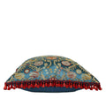 One-of-a-kind decorative pillow made from a vintage French jacquard textile with scarlet tassel fringe and sky-blue floral pattern hand-sewn by Liz Saintsing in Charlotte North Carolina