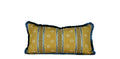 Decorative lumbar pillow made from a 1940s French textile with woven floral motifs and French blue silk fringe hand-sewn by Liz Saintsing in Charlotte North Carolina