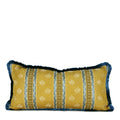 Decorative lumbar pillow made from a 1940s French textile with woven floral motifs and French blue silk fringe hand-sewn by Liz Saintsing in Charlotte North Carolina