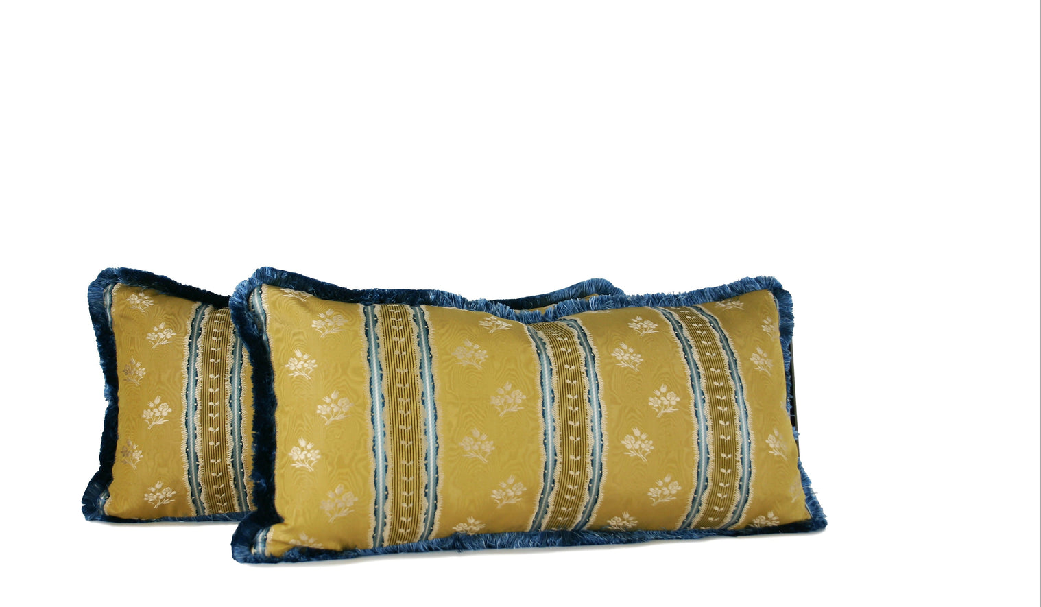Decorative lumbar pillow made from a 1940s French textile with woven floral motifs and French blue silk fringe hand-sewn by Liz Saintsing in Charlotte North Carolina