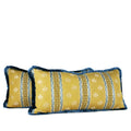 Decorative lumbar pillow made from a 1940s French textile with woven floral motifs and French blue silk fringe hand-sewn by Liz Saintsing in Charlotte North Carolina