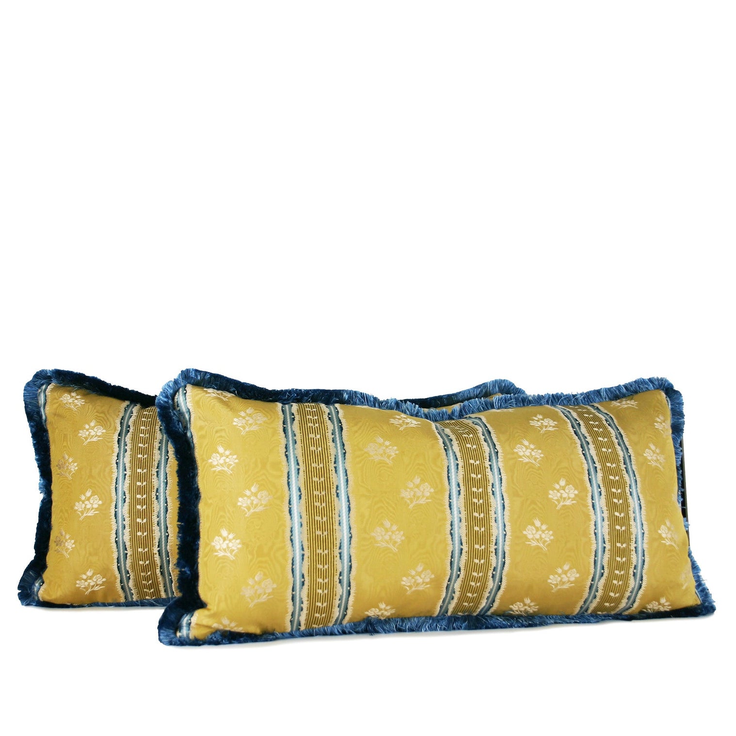 Decorative lumbar pillow made from a 1940s French textile with woven floral motifs and French blue silk fringe hand-sewn by Liz Saintsing in Charlotte North Carolina