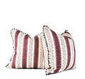 Plum and ivory striped decorative throw pillow with beaded trim side view hand-sewn in Charlotte North Carolina