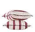 Plum and ivory striped decorative throw pillow with beaded trim side view stacked pair hand-sewn in Charlotte North Carolina