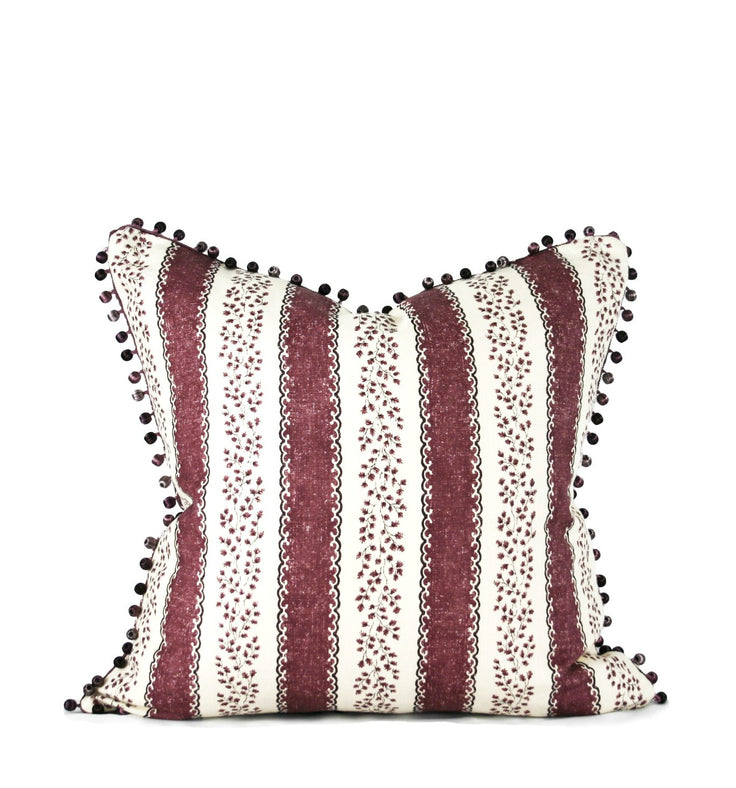 Plum and ivory striped decorative throw pillow with beaded trim hand-sewn in Charlotte North Carolina