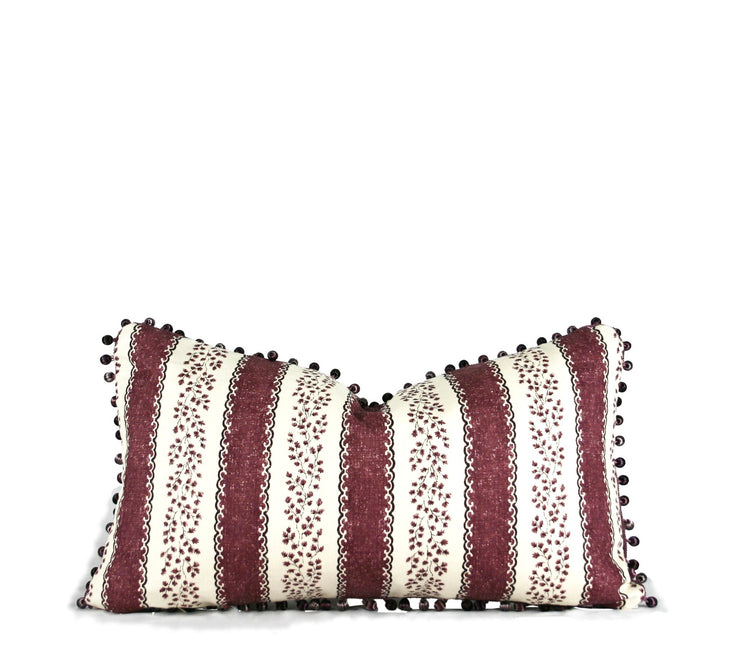 Plum and ivory striped decorative lumbar pillow with beaded trim hand-sewn in Charlotte North Carolina