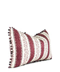 Plum and ivory striped decorative lumbar pillow with beaded trim side view hand-sewn in Charlotte North Carolina